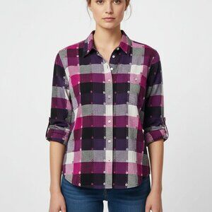 Vintage Liz Claiborne Blouse Button Up Plaid Patchwork Purple Black 1X
